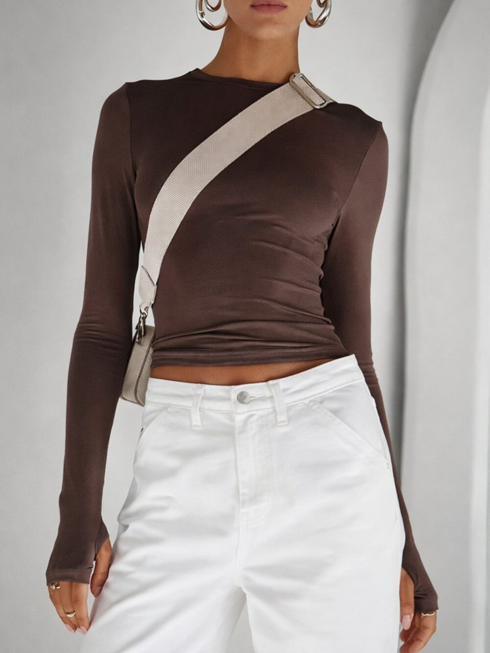 Commense Utility Long Sleeve Brown NWT Crop Top‎ Size Small